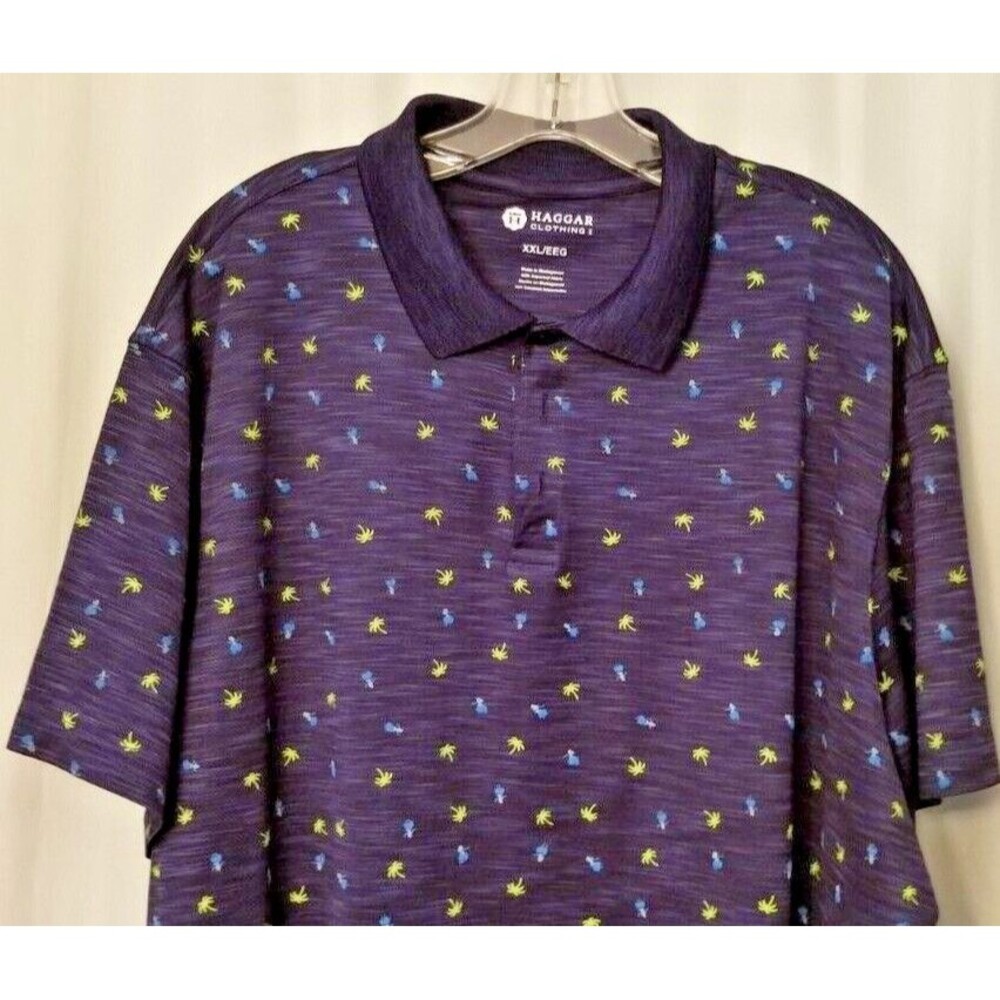 Men's Polo Shirt Palm Trees Blue Collared Haggar Golf Tennis Pickleball Size XXL